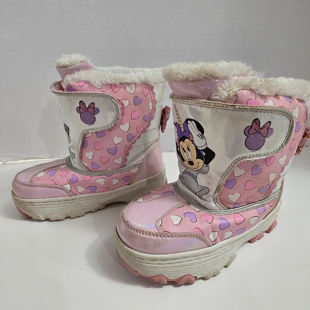 Girls Minnie Mouse Unicorn Pink Winter Snow Boots Size 10 Disney Shimmery Sequin